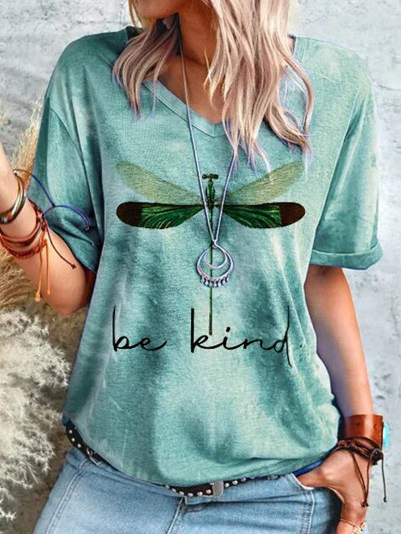 Round Neck Dragonfly Print Pullover Short Sleeve Top