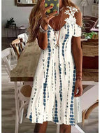 Ladies Printed Off Shoulder Lace Short Sleeve Midi Dress Casual V Neck Dresses