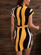 Women Stand Collar Short Sleeve Lace-Up Slim Fit Striped Dress