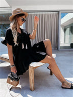 New Arrivals V-Neck Short Sleeve Drop Beard Loose Pleated Ruffle Dresses