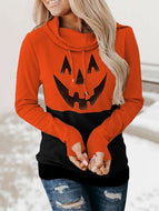 Halloween Pumpkin Print High Neck Lace Casual Long Sleeve Ladies Top sweatshirts