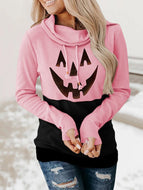 Halloween Pumpkin Print High Neck Lace Casual Long Sleeve Ladies Top sweatshirts