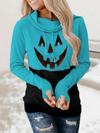 Halloween Pumpkin Print High Neck Lace Casual Long Sleeve Ladies Top sweatshirts