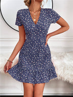 Summer New V-neck Short-sleeved Floral Waist Slim Dress