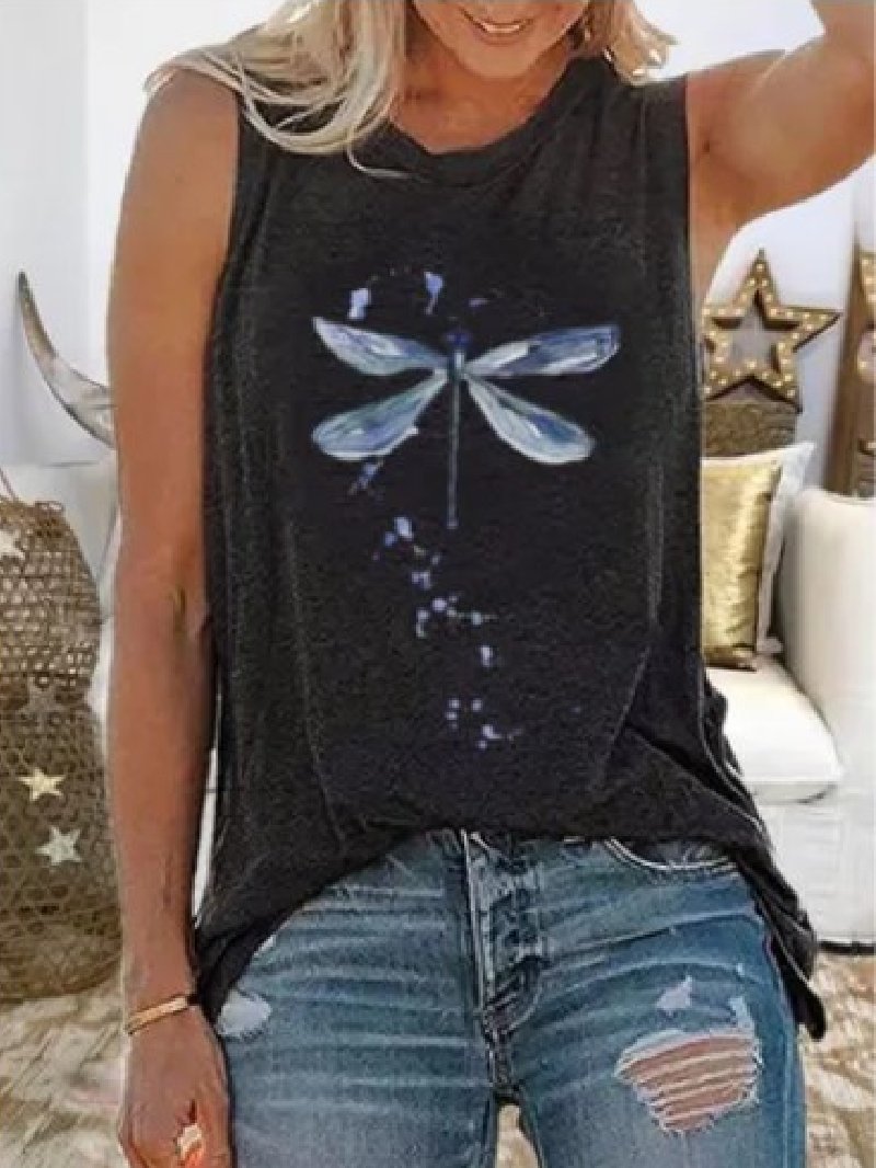 Casual Dragonfly Print Crew Neck Sleeveless Top