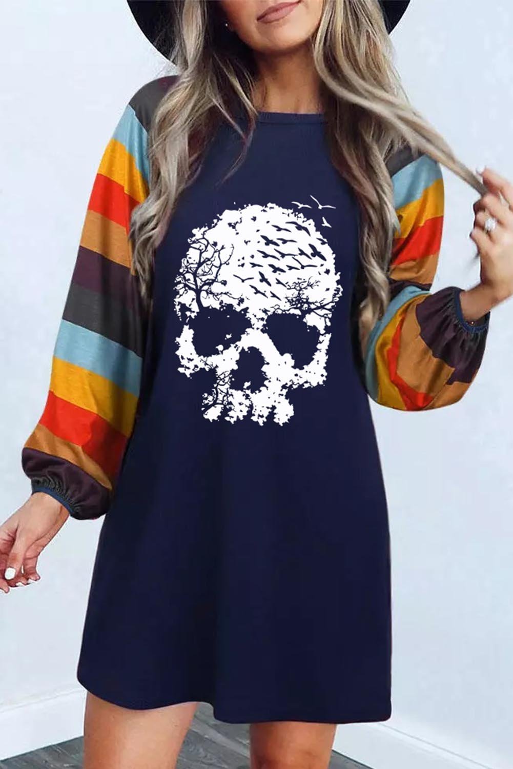 Women's Dresses Skull Color Block Lantern Sleeve Mini Dress