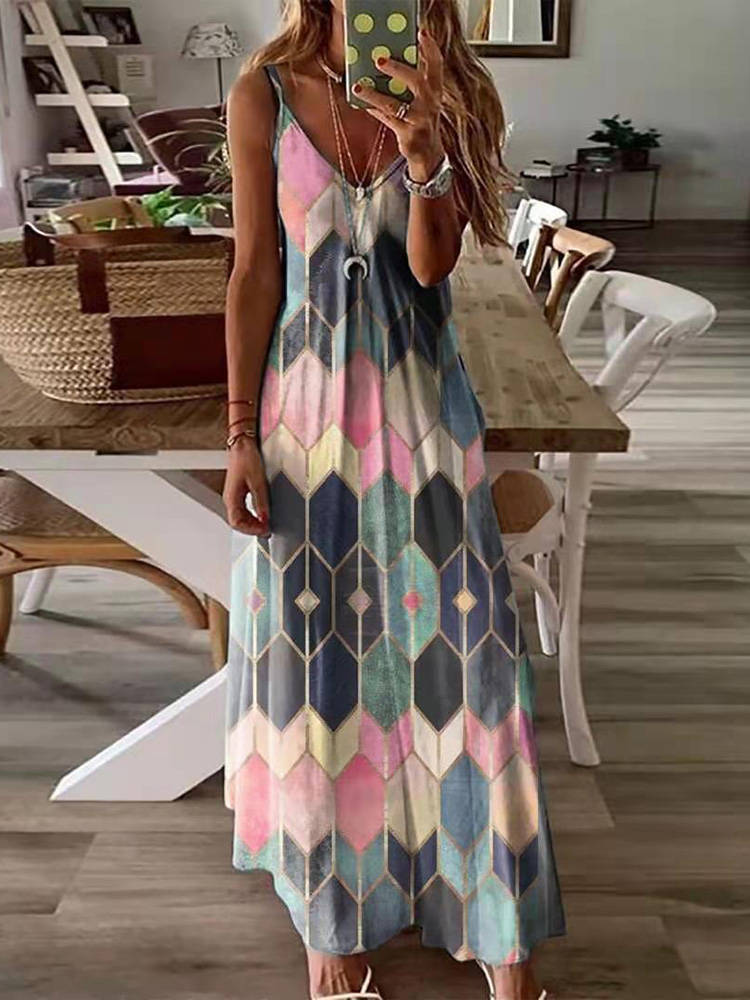 Solid Color Floral Leaf Pattern V-Neck Sleeveless Large Swing Casual Dress