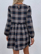 Plaid Round Neck Long Sleeve Casual Loose Waist Pleated Ladies Dress