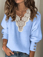 Solid Lace V-Neck Long Sleeve Sweater