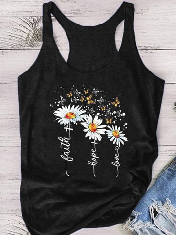 Ladies Butterfly Daisy Print Sleeveless T-Shirt Tank Top