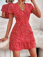 Summer New V-neck Short-sleeved Floral Waist Slim Dress