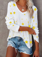 Star V-neck Printed Casual Long-sleeved T-shirt