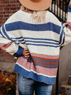 Autumn/Winter New Striped Stitching Loose Round Neck Sweater