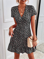 Summer New V-neck Short-sleeved Floral Waist Slim Dress