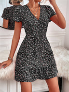 Summer New V-neck Short-sleeved Floral Waist Slim Dress