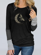 Autumn Moon Dragonfly Print Stripe Stitched Long Sleeve Crew Neck T-shirt