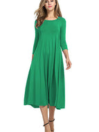 Women Comfortable Loose Round Neck Mid Sleeve Solid Color Swing Midi Dresses