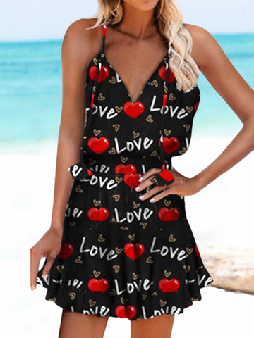 Women's V-neck Letter Heart Print Camisole Dress