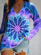 Blue Mandala Print Loose Long Sleeve T-shirt