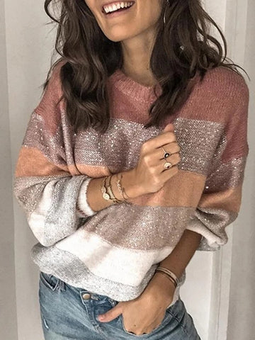 Striped Knitted Crew Neck Pullover Sweater