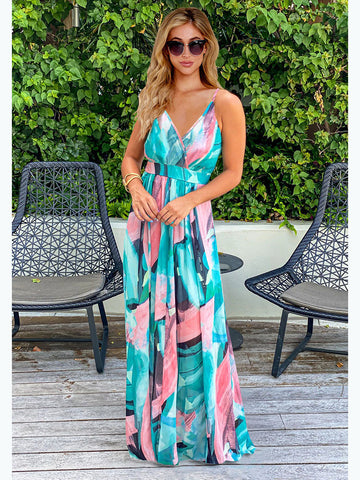 Bohemian Floral Sling Dress Seaside Beach V-Neck Women's Plus Size Robe Maxi Dresses