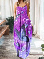 Women Fashion Butterfly V-Neck Sleeveless Sling Maxi Dress Loose Big Swing Long Robes