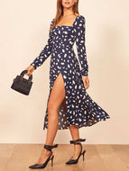 Floral Square Neck Long Sleeve Slit Design Dress Slim Fit Sexy Midi Dress