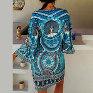 Spring and Autumn New Women's Ethnic Style Printed Long-sleeved V-neck Casual Dress