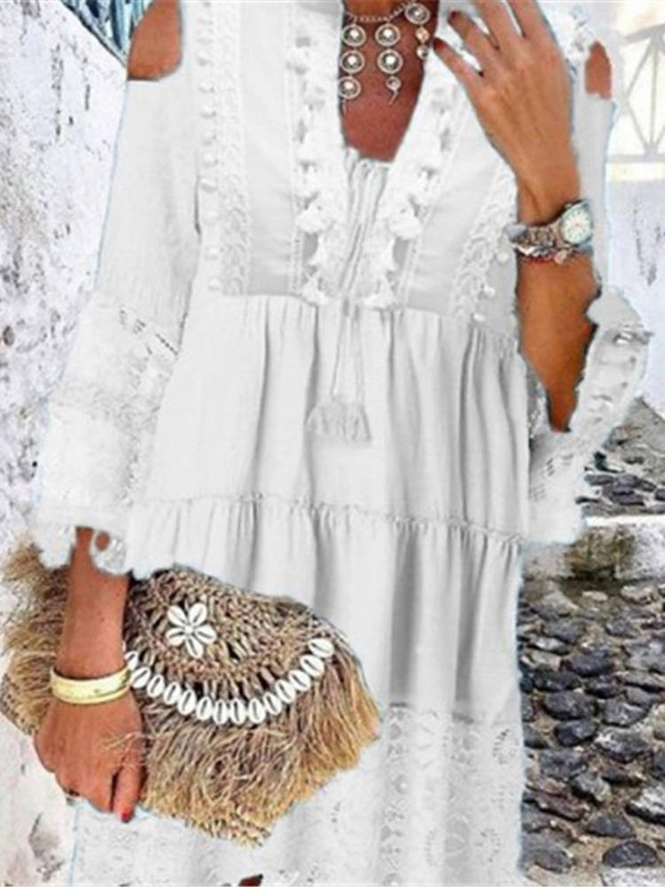 Summer V-Neck Lace Fringe Beach Dress