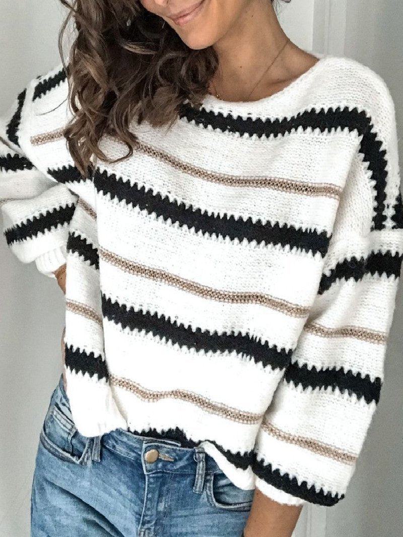 Autumn/Winter New Style Striped Stitching Long-sleeved Casual Loose Sweater