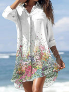 Spring New Women's Fashion Romantic Print Irregular Pocket Shirt Dress