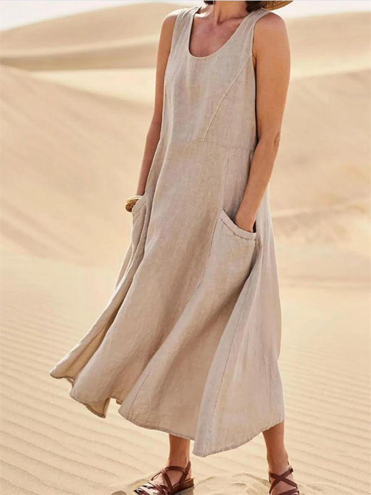 New Popular Sleeveless Solid Color Women's Cotton and Linen Dress