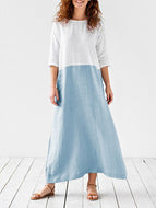 Cotton and Linen Stitching Dress Round Neck Three-quarter Sleeve Skirt