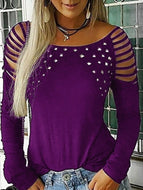 Round Neck Studded and Rhinestone Perforated Long Sleeve Blouse