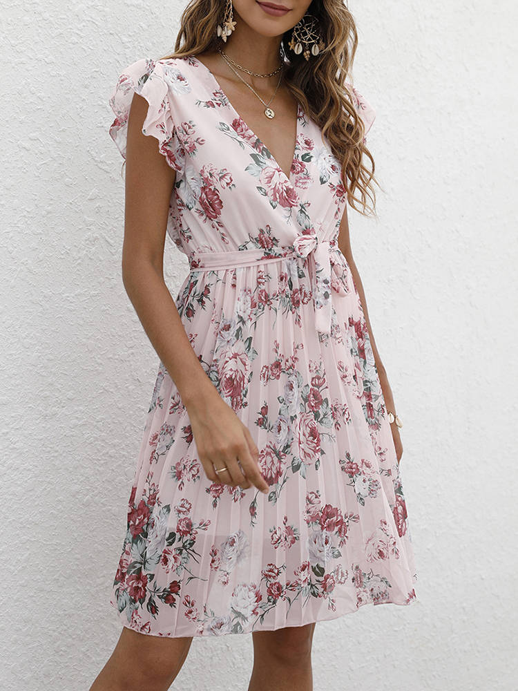 Summer V-neck Waist Floral Tie Waist Slim Dress