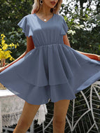 Summer New Fashion V-neck Petal Sleeve Solid Color Waist Cake Dress