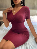 Sexy Short-sleeved Bottoming Shirt Ribbed Deep V-neck Buttock Dress