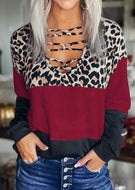 Leopard Color Block Criss-Cross Long Sleeve Blouse