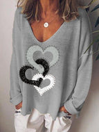 Love Print V-neck Long Sleeve Casual T-shirt