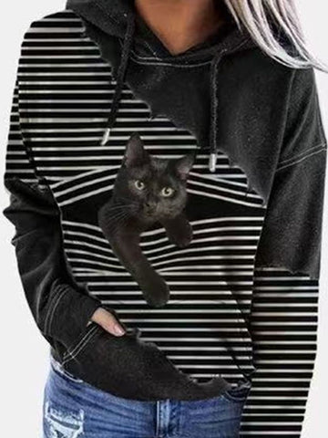 Women's Cat Print with Hood Loose Sweatshirt