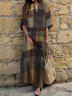 Patchwork Contrast Checkered V-Neck Loose Oversized Long Cotton Linen Dress