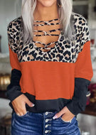 Leopard Color Block Criss-Cross Long Sleeve Blouse