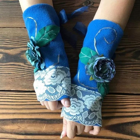 Autumn Winter Warm Women's Open Finger Flower Gloves