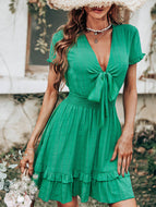 Green V Neck Low Cut Sexy Bow Short Sleeved Waist Length Dress