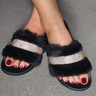 Plus Size Plush Slippers One Word Flat Women's Rhinestone Fur Slippers