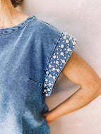 Summer Beaded Pearl Sleeve Crew Neck Midi Denim Dress