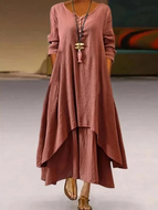 Women's Fake Two Loose Long Sleeve Cotton Linen Skirts Dress