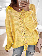 Women's Casual Fashion Loose V-neck Drawstring Sweater