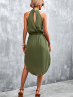 Solid Color Halter Neck Casual Drawstring Waist Slit Dress