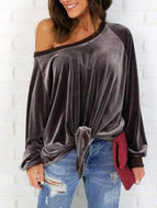 Women's Sexy Relaxed Bow Tie Long Sleeve Velvet Tops